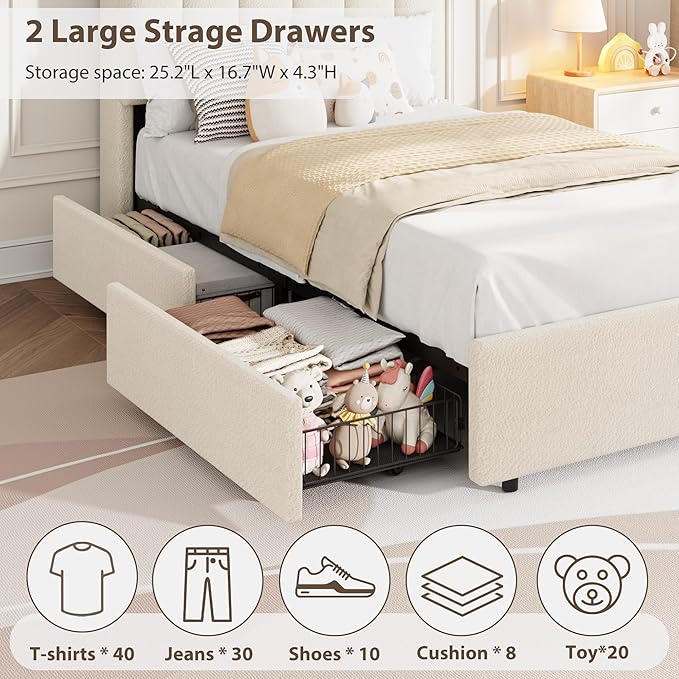 Garvee LED Twin Size Bed Frame with Storage Headboard, Kids Bed Frame with 2 Drawers, Boucle Upholstered Platform Bed for Girls, Chic Wavy Headboard with Bookcase, No Box Spring Needed, White
