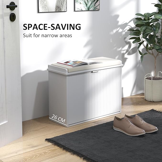 HOMCOM Narrow Shoe Bench with Padded Cushion, Shoe Cabinet with Flip-Drawer and Adjustable Shelf, Small Entryway Bench Holds up to 265lb, 24.4x10.2x18.7 Inches, White
