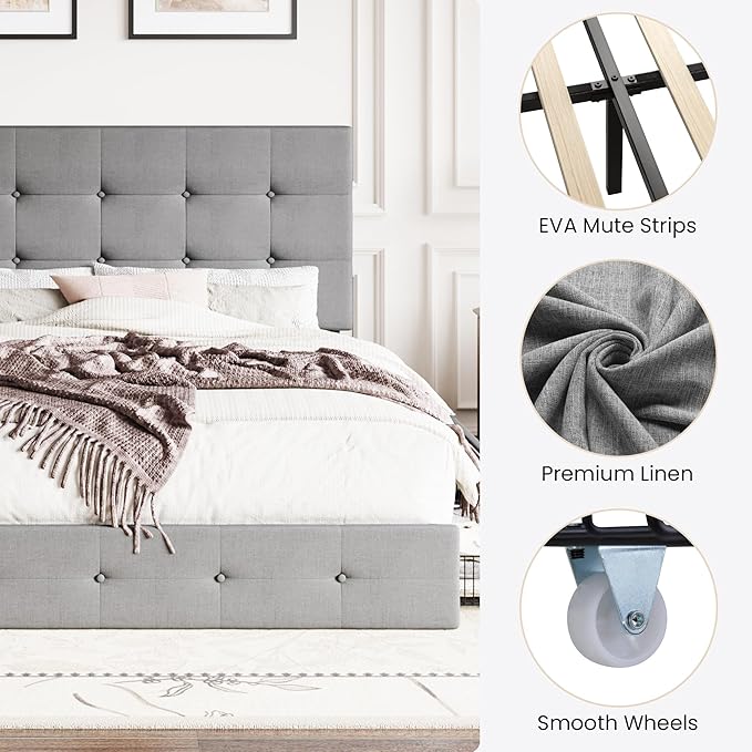 SHA CERLIN Upholstered Full Size Platform Bed Frame with 4 Storage Drawers, Adjustable Headboard with Square Stitched Button Tufted Design, Wooden Slat Support, No Box Spring Needed, Light Grey