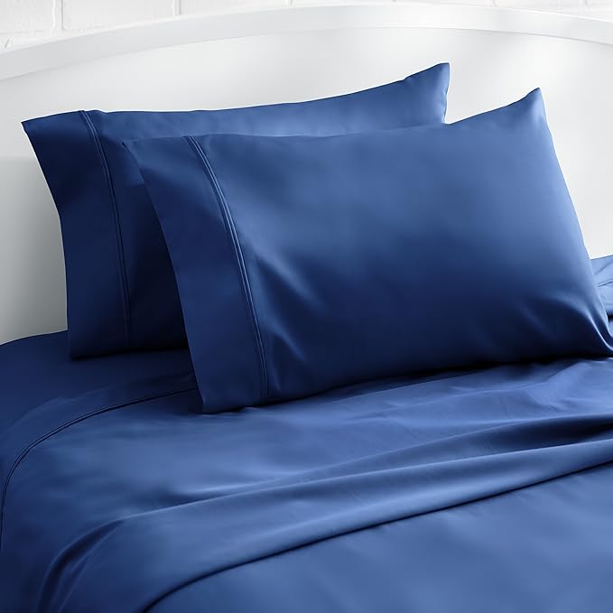 Amazon Basics 400 Thread Count 100% Cotton Pillow Cases, Sateen Weave, King Size, 40" x 20", Navy, Set of 2, Pillows Not Included