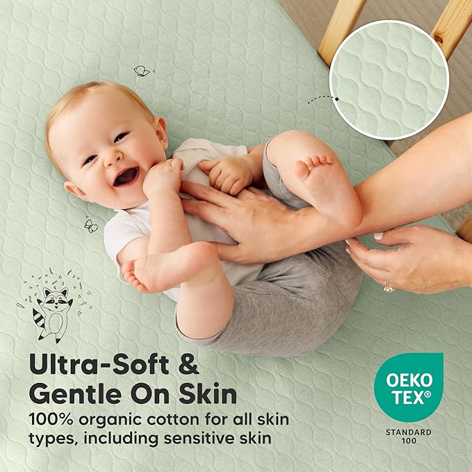 2-Pack Waterproof Crib Mattress Protector Cover Fitted - Quiet Baby Crib Mattress Pad Sheets, 52" x 28" Soft Quilted Cotton Baby Sheet, Machine Washable, Easy Fit, Durable (Sage/Mavy)
