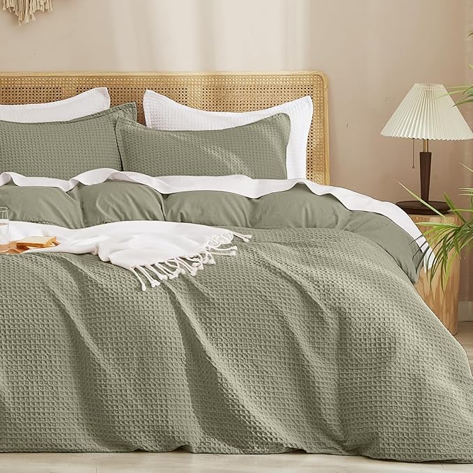 PHF Waffle Duvet Cover Set Queen Size, No Snagging Ultra Soft Luxury Textured Breathable Comforter Cover for All Season 3pcs, Durable Bedding Duvet Set with 2 Pillow Shams, 90"x90", Dusty Sage