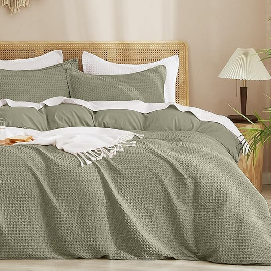PHF Waffle Duvet Cover Set King Size, No Snagging Ultra Soft Luxury Textured Breathable Comforter Cover for All Season 3pcs, Durable Bedding Duvet Set with 2 Pillow Shams, 104"x90", Dusty Sage