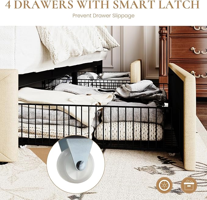 SHA CERLIN Upholstered Queen Size Platform Bed Frame with 4 Storage Drawers, Adjustable Headboard with Diamond Stitched Button Tufted Design, Wooden Slat Support, No Box Spring Needed, Beige
