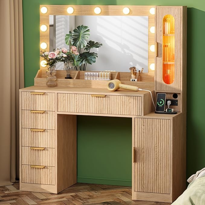 Fluted Makeup Vanity Desk with Large 31.4" Mirror and Sound Sync RGB Lights, Wood Vanity with 6 Drawers, 2 Cabinet & 3 Compartments, Charging Station, Bedroom Dressing Table, Natural Oak