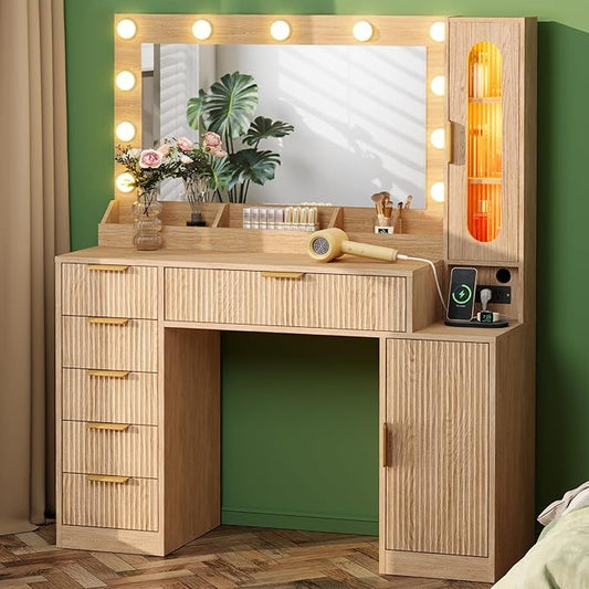 Fluted Makeup Vanity Desk with Large 31.4" Mirror and Sound Sync RGB Lights, Wood Vanity with 6 Drawers, 2 Cabinet & 3 Compartments, Charging Station, Bedroom Dressing Table, Natural Oak