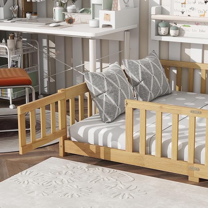Bellemave Full Size Floor Bed with Slats and Safety Guardrail, Full Size Montessori Floor Bed with Fence and Door, Easy Assemble Montessori Beds for Kids, Girls, Boys, Natural