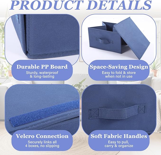 Weysat 4 Cube Stackable Under Dorm Bed Storage Container Foldable Closet Drawer Organizer Fabric Storage Cube Bins for Dorm Essentials College Closet Bedroom Living Room Nursery(Navy Blue,17.72 Inch)