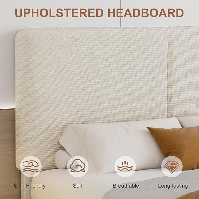 VECELO Queen Size Bed Frame Upholstered Platform Beds with Height-Adjustable Cotton and Linen Headboard, Heavy Duty Wood Slats, 6" Under-Bed Space, Noise-Free, No Box Spring Needed, Easy Assembly