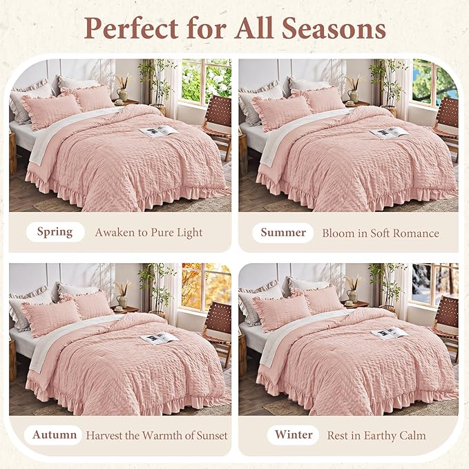 JOLLYVOGUE Full Size Comforter, 3 Pieces Rose Gold Seersucker Lightweight Full Size Bedding, All Season Fluffy Microfiber Bedding Comforter Set with 1 Ruffle Comforter and 2 Ruffle Pillowshams