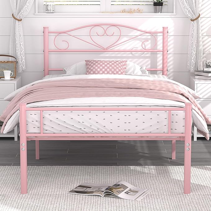 VECELO 14 Inch Twin Size Metal Platform Bed Frame with Headboard and Footboard, Heavy Duty Mattress Foundation with Steel Slats Support, No Box Spring Needed, Pink