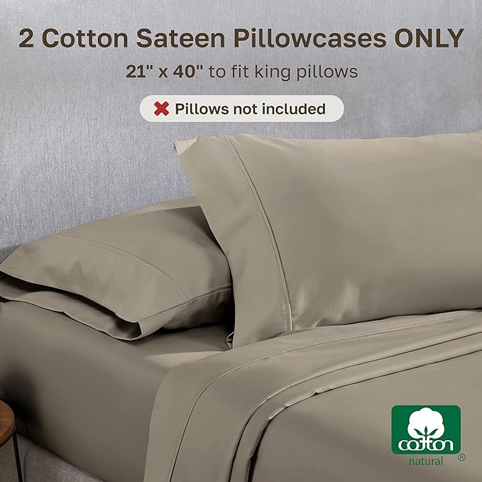 California Design Den King Size Pillowcase Set - 400 Thread Count, 100% Cotton Sateen, Set of 2 Pillow Covers, Soft and Breathable - Taupe