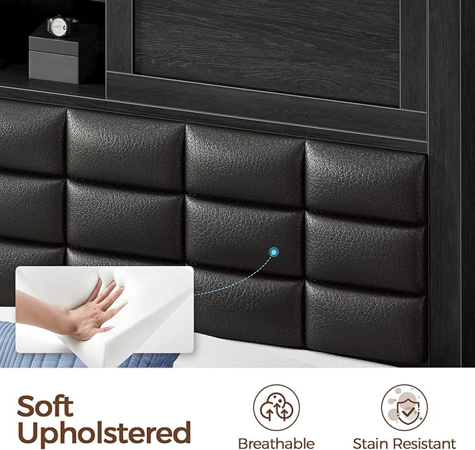 Rolanstar Bed Frame Queen Size with Charging Station, Bookcase Headboard Bed with LED Light and Sliding Doors, Platform Bed with Wooden Slats, No Box Spring Needed, Noise Free, Black