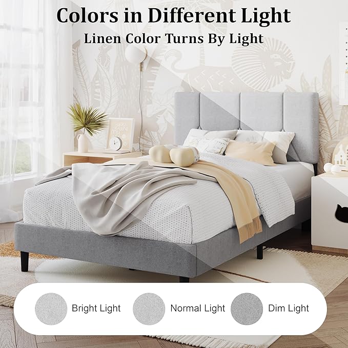 Twin Bed Frame, Padded Platform Bed Frame with Fabric Headboard, Vertical Quilted Design, Sturdy Slatted Mattress Base, No Spring Mattress Required, Easy to Assemble, Light Gray