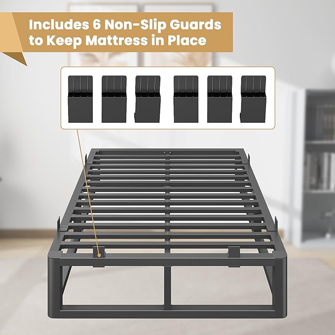 14 Inch Queen Bed Frame with Rounded Corner and Headboard Hole, Metal Platform Bed Frames 6 Non-Slip Guards, 3500lbs Heavy Duty Steel Slat Support, Squeak Free, No Box Spring Needed, Black