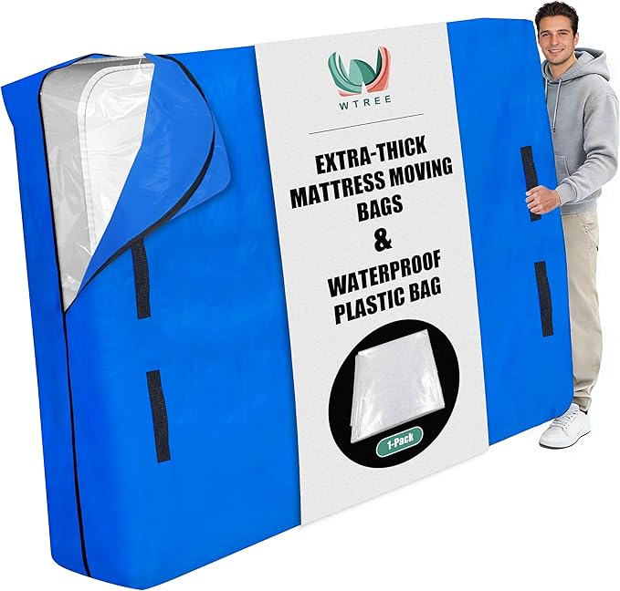 WTREE Double Shield Mattress Bag for Moving and Storage, 8 Reinforced Handles Mattress Cover with Internal Clear Mattress Protector, 170GSM Heavy Duty Tarp Mattress Mover Tool, Twin XL
