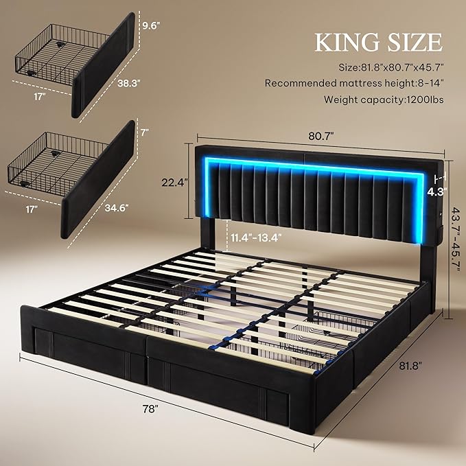 YITAHOME King Size Bed Frame with Adjustable Headboard, 4 Storage Drawers and RGB LED Lights, Velvet Upholstered Platform Bed with USB Ports, No Box Spring Needed, Fast Assembly, Noise-Free, Black
