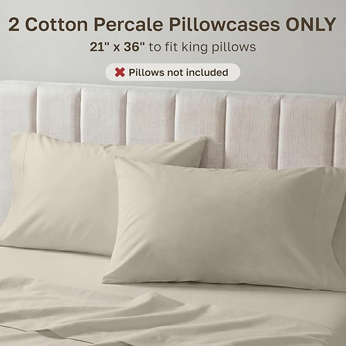 California Design Den 100% Egyptian Cotton Pillowcases King Size Set of 2 - Crisp Percale Feel, Soft & Breathable King Pillowcase Cotton Set - Beige