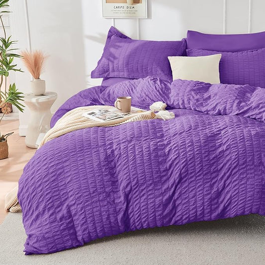 HYMOKEGE Dark Purple Duvet Cover Queen Size, Ultra Soft 3-Piece Seersucker Duvet Cover Set with Zipper Closure, Soft Brushed Microfiber Bedding Set with 8 Corner Ties (90"x90", 2 Pillowshams)