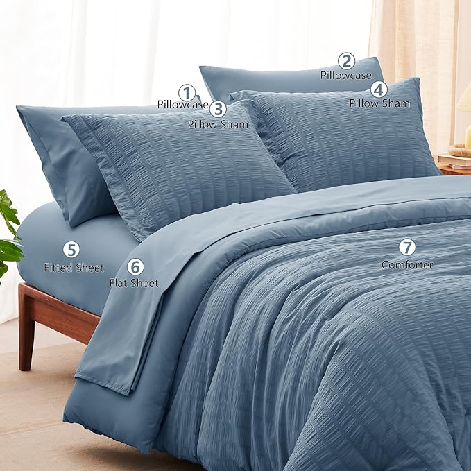 CozyLux Queen Comforter Set Grayish Blue Seersucker 7 Pieces Bed in a Bag Queen Comforter Set with Sheets, Dusty Blue Luxury Bedding Sets with Down Alternative Comforter, Sheets, Pillowcases & Shams