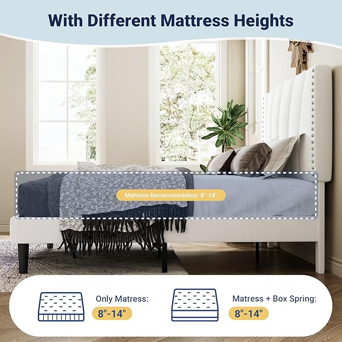 Allewie Queen Size Bed Frame with Adjustable Velvet Upholstered Headboard, Rivet-Style Nailhead Trim Detail Platform Bed Frame, Wooden Slat Support, No Box Spring Needed, Easy Assembly, White