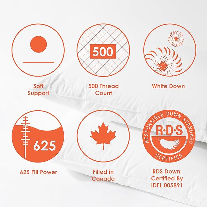 Canadian Down & Feather Co. – 1 Pack Soft 625 Fill Power White Down Sleeping Pillow King Size - 500 Thread Count Shell 100% Cotton - Made in Canada