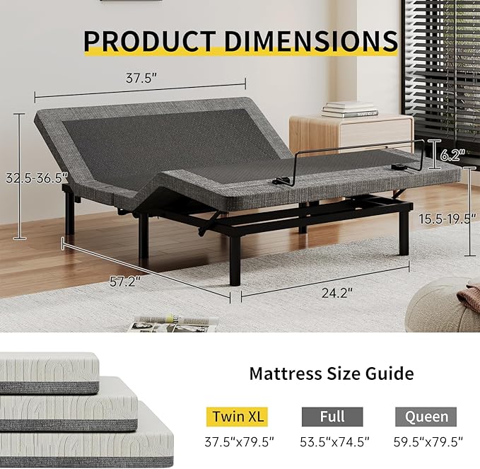 MULIN Twin XL Adjustable Bed Base with Massage & LED Under-Bed Lighting, 6 Vibration Modes, 2 USB Ports, Wireless Remote, Head/Foot Incline, 6" Adjustable Legs | 6 Vibration Modes, 2 USB Ports, Wireless Remote, Head/Foot Incline, 6" Adjustable Legs, He...