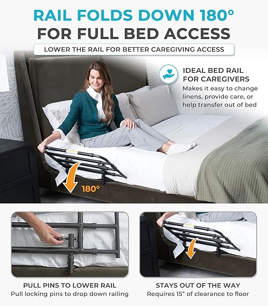 Stander Wonder Pivot Bed Rail, Adjustable Safety Assist Railing with Swing Down Guardrail for Elderly Adults, Fits Mattresses 8 to 12 Inches Thick, ASTM Safety Approved Bedrail, Black