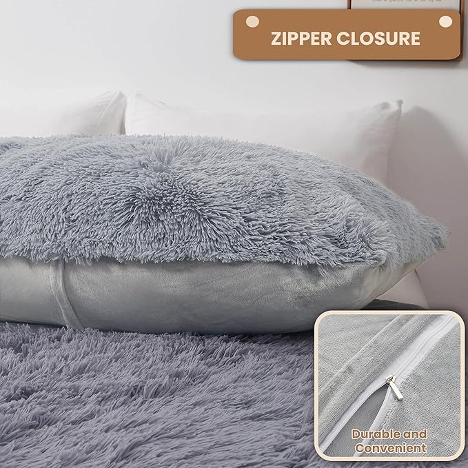 MEGO Shaggy Plush Body Pillow Cover, Faux Fur Fluffy Body Pillowcase, 20x54 Boho Fuzzy Full Body Pillow Case, Furry Long Big Throw Pillow Sham with Zipper for Home Bedding Couch Living Room Light Grey