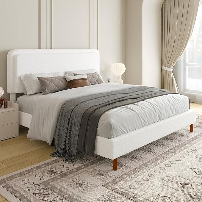 King Size Boucle Upholstered Bed Frame with Adjustable Headboard, Cloud Platform Bed, Solid Wooden Legs, No Box Spring Needed, Easy Assembly, White