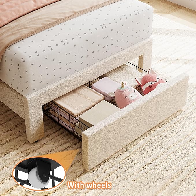 GarveeHome Twin Bed Frame with Under-Bed Drawer, Upholstered Platform Bed with Wave Headboard for Kids/Girls, Wooden Slats Support, No Box Spring Needed, Boucle White