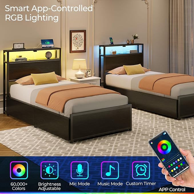 Rolanstar Twin Bed Frame with 4 Storage Drawers & 2-Tier Storage Headboard, Metal Platform Bed Frame with Charging Station & LED Lights, Noise-Free, No Box Spring Needed, Easy Assembly, Black Oak
