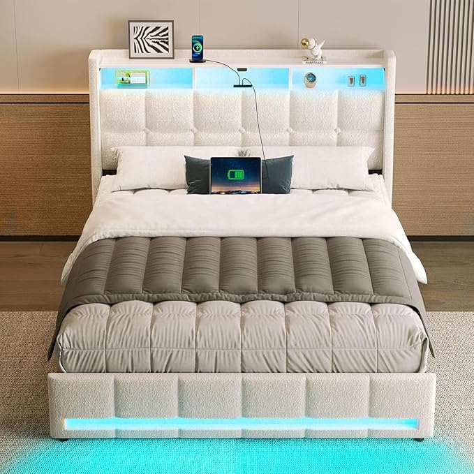 Rolanstar Queen Size Bed Frame with LED Lights and Charging Station, Upholstered Headboard with 2-Tier Storage Shelves, Heavy Duty Metal Frame, Noise-Free Support, Easy Assembly, No Box Spring Needed