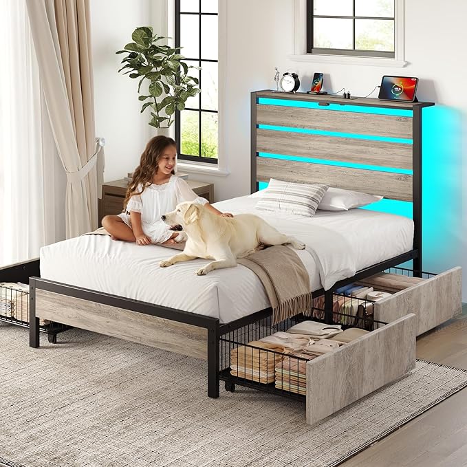 Rolanstar Twin Bed Frame with 4 Drawers, LED Lights and Charging Station, Metal Platform Bed with Storage Headboard, Noise Free, Easy Assembly, No Box Spring Needed, Light Grey
