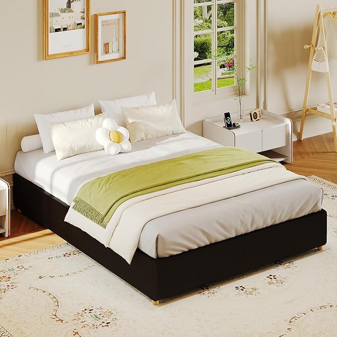 GarveeHome Full Size Cloud Bed Frame，Corduroy Low Bed Frame Without Headboard, Thick Fabric Upholstered Platform Bed, Solid Wood Legs, No Box Spring Needed, Never Squeak, Easy Assembly, Black