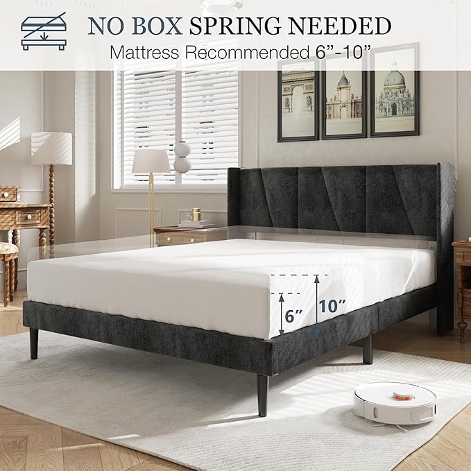 HAOARA Full Bed Frame with Headboard, Velvet Upholstered Platform Bed Frames with Wingboard, Contemporary Mattress Foundation, Noise Free, No Box Spring Needed, Easy Assembly, Black
