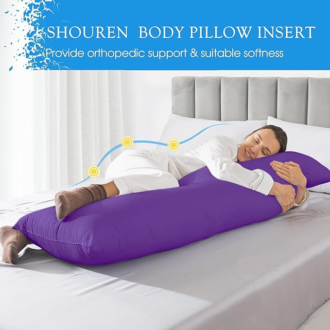 SHOUREN Cotton Body Pillow Insert - Cooling Breathable Full Body Pillow for Side Sleeper - Soft Long Bed Pillow for Adults - 20 x 54 inch-Purple