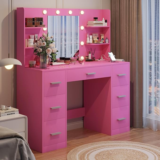 YESHOMY Vanity Desk with Mirror, Power Outlet and 10 Lights, Makeup Table with 7 Drawers, 3 Color Modes Available for Bedroom, Dark Pink