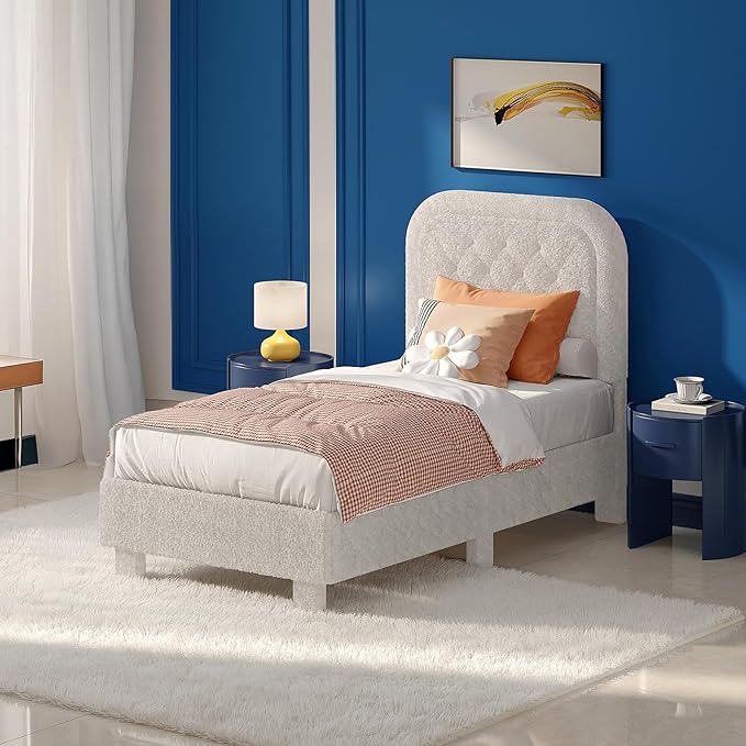 VINGLI Twin Bed Frame with Headboard,Cloud Bed Frame with Rounded Corners, Cream Design,Boucle Upholstered Platform Soft Bed with Sturdy Wood Slats Support,for Kids Teens Adults, White