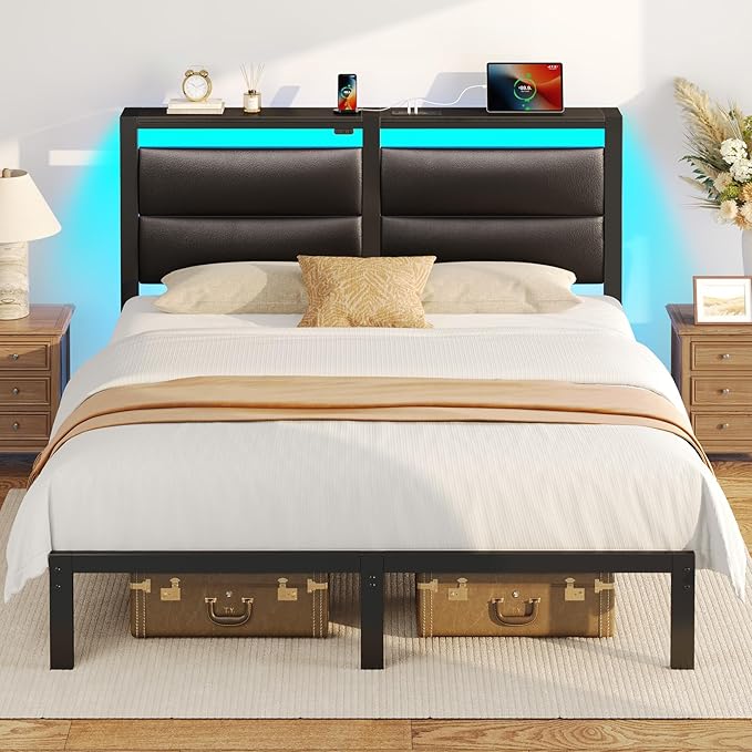 Rolanstar Queen Bed Frame with Charging Station, LED Bed Frame Queen with Upholstered Storage Headboard, Platform Bed with Metal Slats & Under Bed Storage, No Box Spring Needed, Noise Free, Black