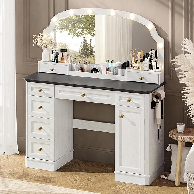 Farmhouse Makeup Vanity Desk with Mirror and Lights, 47'' Vanity Table with 8 Storage Drawers 1 Cabinet & 2 Organizer Trays, Large Dressing Table with Charging for Bedroom Rustic Black