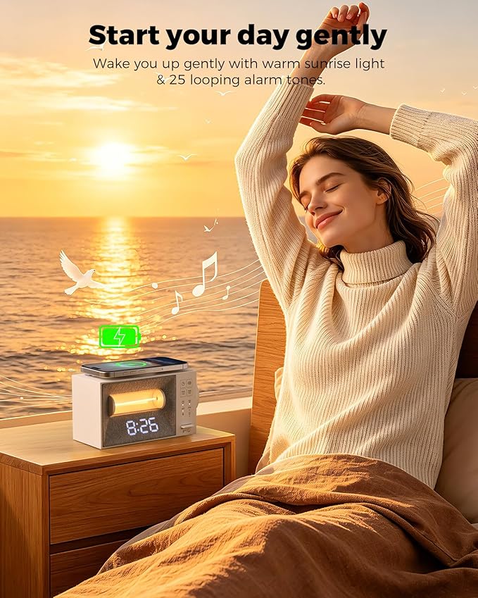 Alarm Clock with 15W Wireless Charger, White Noise Machine with 20 Soothing Sounds, Sunrise Wake Up Light for Bedrooms, Dimmable Bedside Clock with Dual Alarms, Gift for Kids and Adults