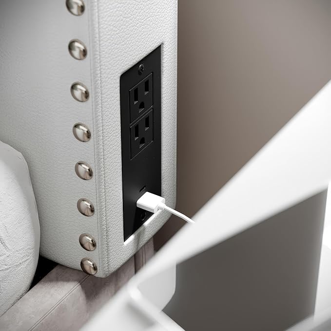 Flash Furniture Adeline Twin Headboard with 2 Outlets, USB Port, USB Type-C Port, Contoured Headboard, Studded LeatherSoft Upholstery, Dual Hanging Options, White