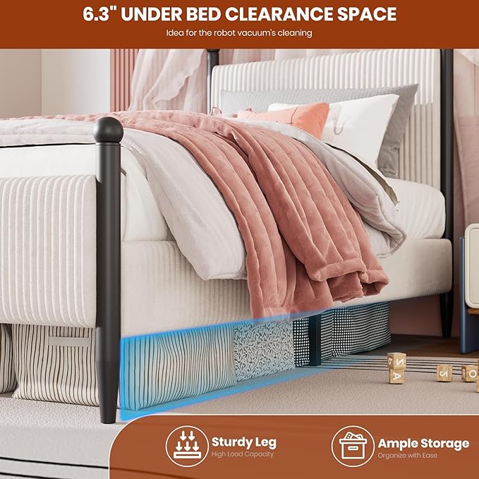 Garvee Twin Size Upholstered Bed Frame - with Velvet Headboard, Soft Corduroy Fabric Platform with Wooden Slats Support & Heavy Duty Feet, No Box Spring Needed, Noise Free, Easy Assembly, White
