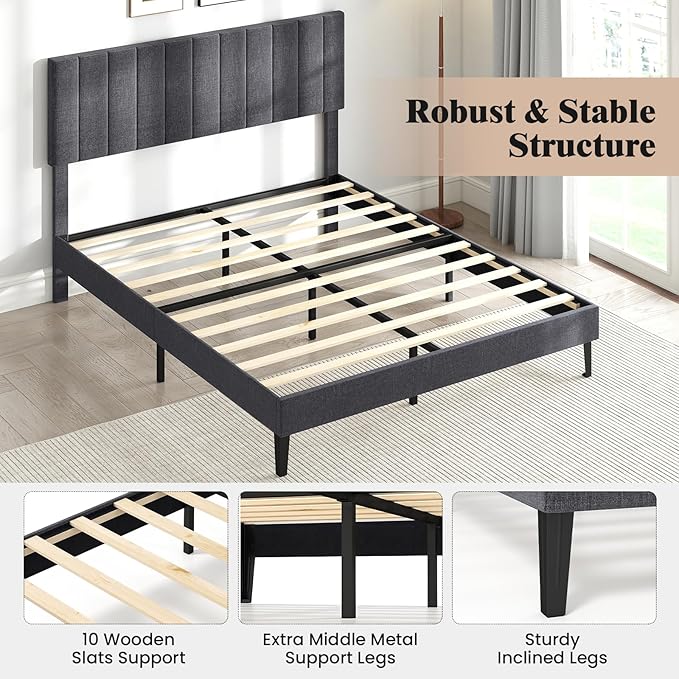 Giantex Queen Size Upholstered Bed Frame, Platform Bed with Height Adjustable Vertical Channel Headboard, Wooden Slats Support Mattress Foundation, No Box Spring Needed, Noise Free, Grey