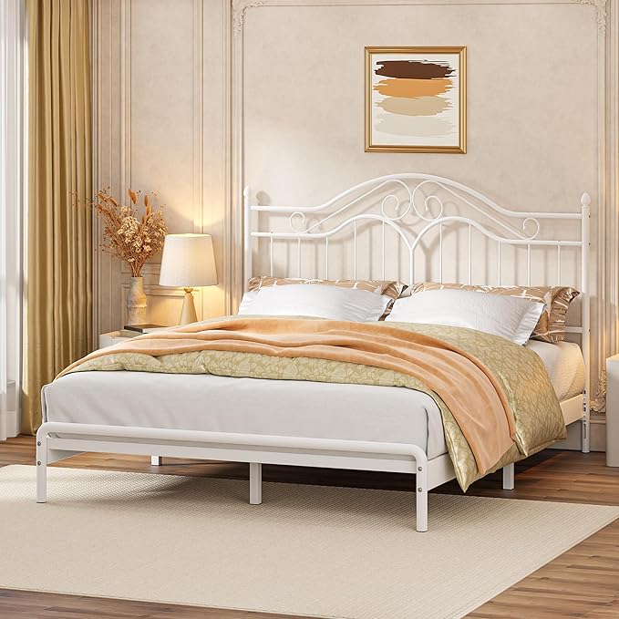 Elephance Headboard for King Size Bed Frame, Vintage Platform Bed Metal Headboard Only, Height Adjustable, Sturdy and Stable, King Size, Easy Assembly, White