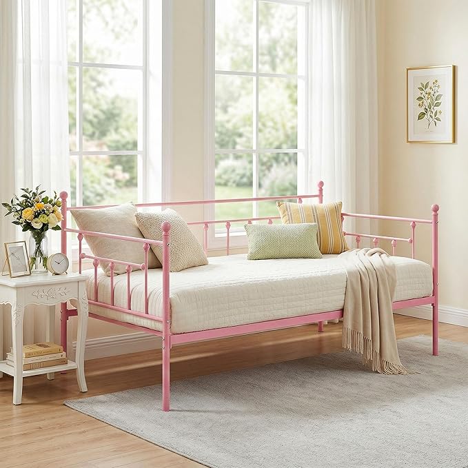 VECELO Daybed Frame, Twin Size Metal Platform Bed with Headboard,Heavy Duty Steel Slats Support for Living Room Bedroom Guest Room, Easy Assembly
