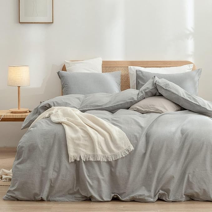 BESTOUCH Duvet Cover Set 100% Washed Cotton Linen Feel Super Soft Comfortable Chic Lightweight 3 PCs Home Bedding Set Solid Light Grey Alaska King