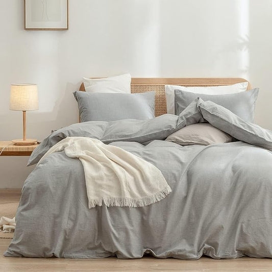 BESTOUCH Duvet Cover Set 100% Washed Cotton Linen Feel Super Soft Comfortable Chic Lightweight 3 PCs Home Bedding Set Solid Light Grey Alaska King