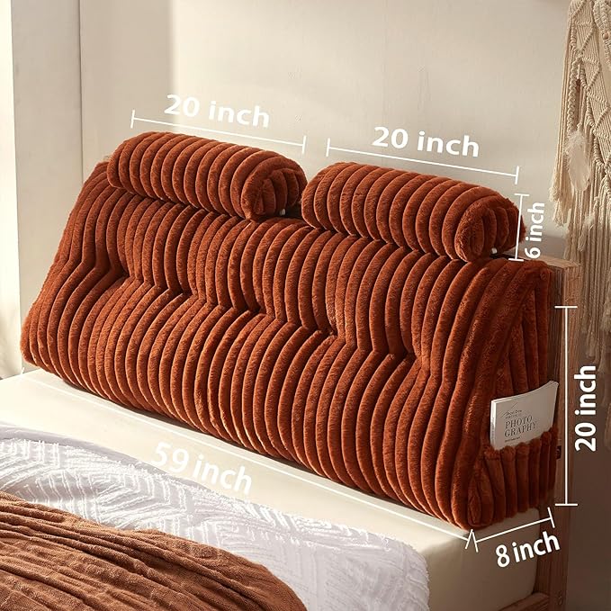 Rycwola Faux Fur Headboard Pillow with 2 Pack Neck Roll Pillow Large Headboard Pillow Soft and Supportive with Removable Cover (Brown, Queen)